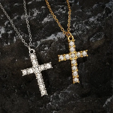 Collar Con Colgante de Cruz de Acero Inoxidable para Mujer y Hombre Oro Plata Diamantes de Imitación Escrituras Grabadas Joyería Religiosa Regalo