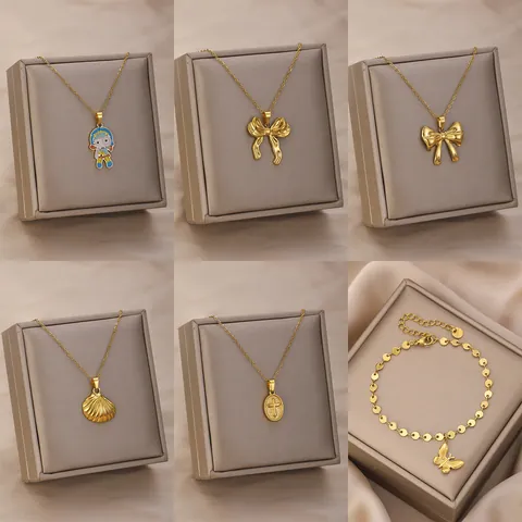 Women Fashion Gold Plated Stainless Steel Alloy Necklace Bowknot Shell Cross Cartoon Pendant Jewelry Bracelet Gift