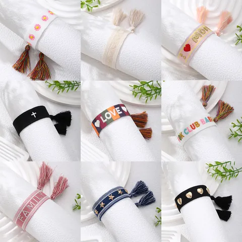 Bohemian Woven Tassel Friendship Bracelet For Women Embroidered Letter Heart Star Adjustable Fabric Bracelet Jewelry Gift
