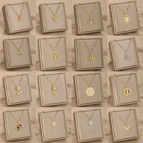 Collana con Pendente in Lega e Zirconia con Catena in Acciaio Inossidabile Cuore Albero Vita Maria Fiore Farfalla Donna Oro Argento