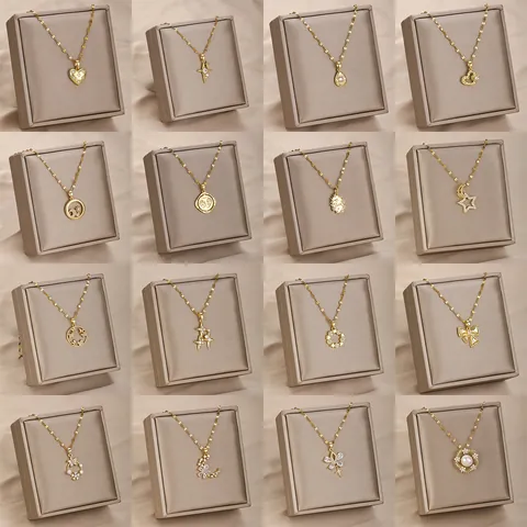 Collar de Acero Inoxidable Dorado para Mujer Moda Aleación Zirconia Corazón Mariposa Estrella Luna Mal de Ojo Colgante Joyería Regalo