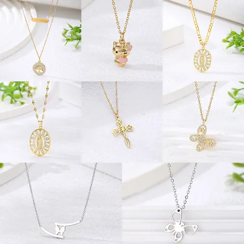 Stainless Steel Chain Alloy Zirconia Pendant Necklace Vintage Religious Cross Butterfly Virgin Mary Heart Women Jewelry