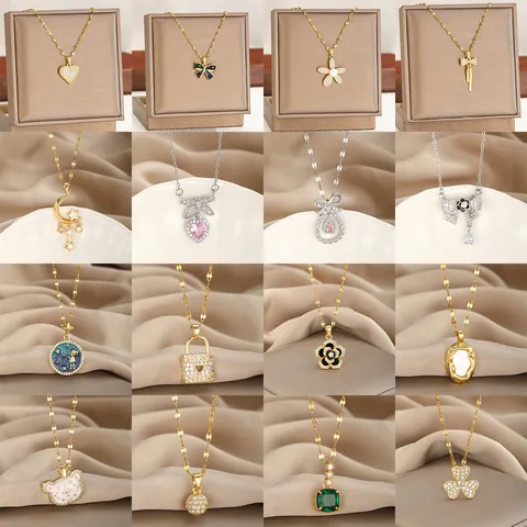 Fashion Stainless Steel Bowknot Heart Pendant Necklace For Women Gold Silver Plated Zirconia Tassel Choker Jewelry