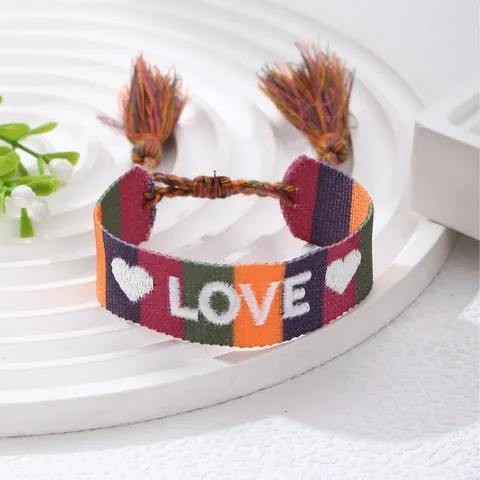 Pulsera de la Amistad Tejida Bohemia Letras Bordadas Corazón Estrella Remache Borla Pulsera de Tela Ajustable Joyería Regalo