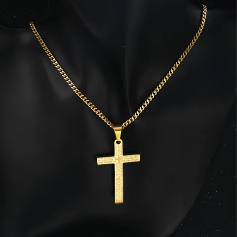 Retro Stainless Steel Cross Pendant Necklace For Men Women Engraved Lord's Prayer Scripture Curb Chain Religious Hip Hop Jewelry