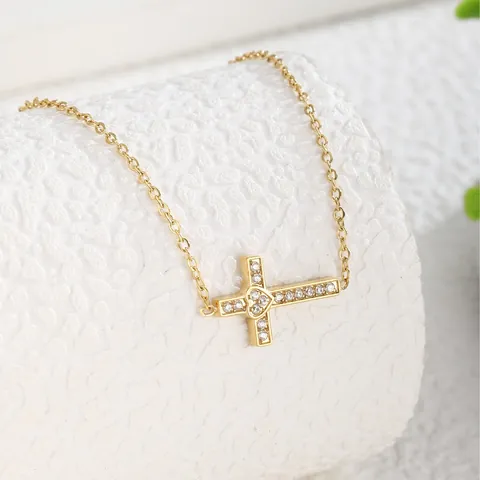 Gold Vergoldete Edelstahl Kreuz Herz Anhänger Halskette Für Damen Herren Zirkonia Eingelegt Seitwärts Kreuz Minimalistischer Schmuck