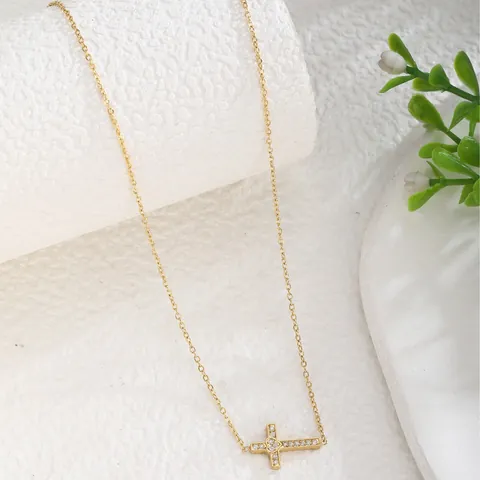 Gold Vergoldete Edelstahl Kreuz Herz Anhänger Halskette Für Damen Herren Zirkonia Eingelegt Seitwärts Kreuz Minimalistischer Schmuck