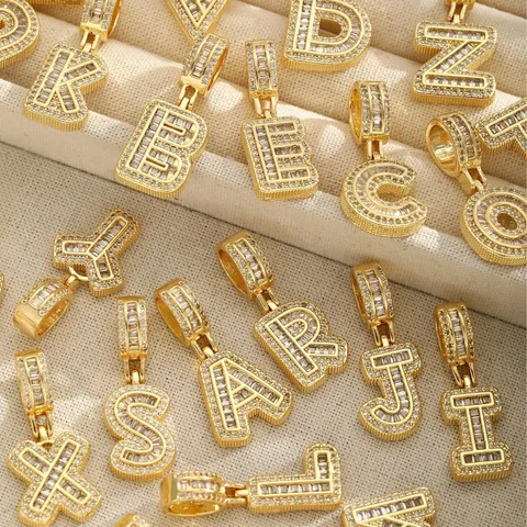 Collana Hip Hop con Catena a Corda in Acciaio Inossidabile Placcato Oro Rame Zirconia Lettera Iniziale Alfabeto A-Z per Uomo Donna