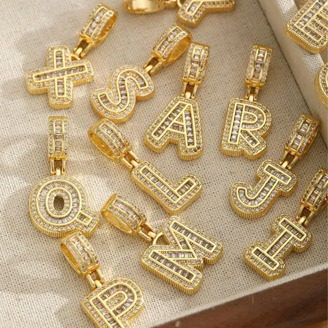Collana Hip Hop con Catena a Corda in Acciaio Inossidabile Placcato Oro Rame Zirconia Lettera Iniziale Alfabeto A-Z per Uomo Donna