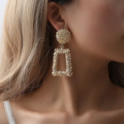 Geometrische Holle Rechthoekige Hangoorbellen Voor Dames Matte Gehamerde Textuur Legering Statement Oorbellen Retro Punk Feest Sieraden Cadeau