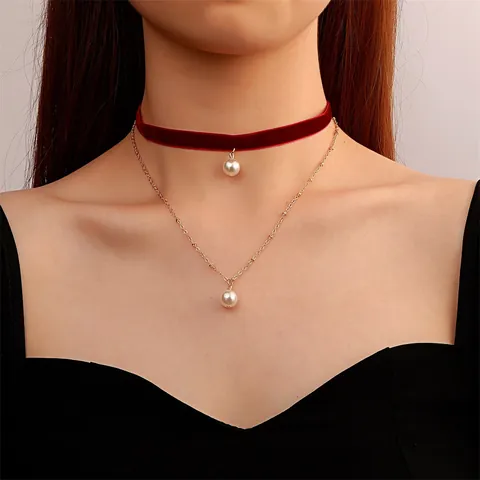 Vintage Doppellagige Samt Choker Halskette Für Damen Gold Vergoldete Legierung Mit Imitationsperle Anhänger Verstellbare Kette