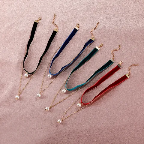 Vintage Doppellagige Samt Choker Halskette Für Damen Gold Vergoldete Legierung Mit Imitationsperle Anhänger Verstellbare Kette