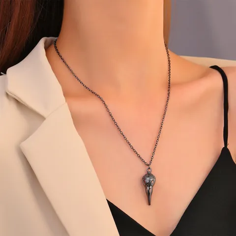 Gothic Punk Vintage Alloy Bird Crow Skull Pendant Necklace Engraved Antique Silver Black Halloween Jewelry For Women Men