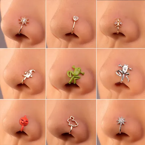Vintage Copper Zirconia U-Shaped Non-Piercing Nose Cuffs Women Halloween Ghost Pumpkin Bunny Heart Insect Nose Ring Jewelry