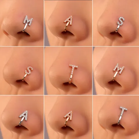 Non-Piercing Copper U-Shaped Nose Cuff With Zirconia Inlaid 26 English Alphabet Letters Gold Silver Fake Nose Rings Jewelry