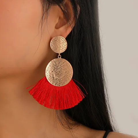Bohemian Alloy Geometric Hammered Metal Fan Shaped Tassel Earrings For Women Vintage Hollow Dangle Drop Jewelry Party Gift