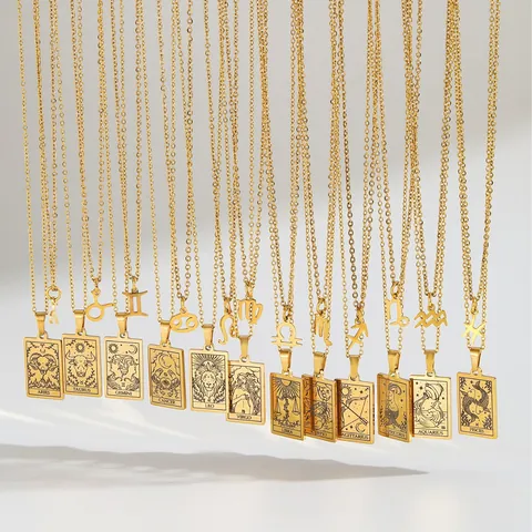 Collana a Doppio Strato in Acciaio Inossidabile con Segni Zodiacali per Donna Placcato Oro Carta dei Tarocchi Ciondolo Gioielli
