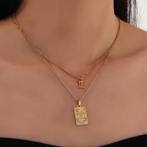 Collana a Doppio Strato in Acciaio Inossidabile con Segni Zodiacali per Donna Placcato Oro Carta dei Tarocchi Ciondolo Gioielli