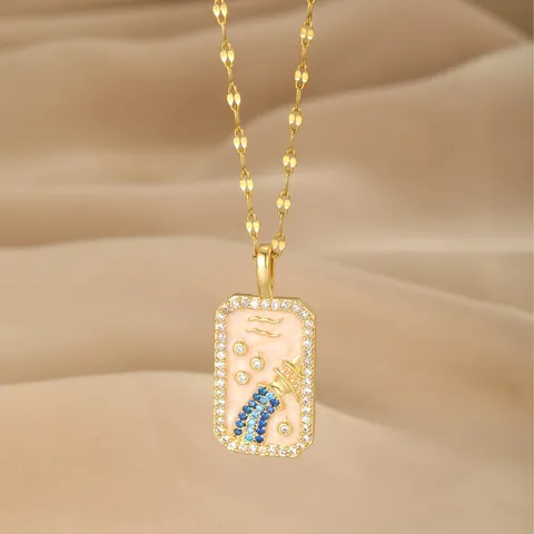 12 Sternzeichen Anhänger Halskette Für Damen Edelstahlkette Emaille Zirkonia Vergoldet Sternbild Schmuck Geschenk