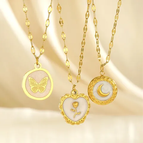 Vintage Stainless Steel Gold Plated Pendant Necklace For Women Butterfly Moon Rose Coconut Tree Unicorn Buddha Jewelry