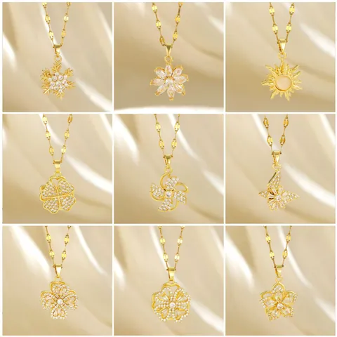 Collar con Colgante de Flor de Trébol de Zirconia Giratorio para Mujer Cadena de Acero Inoxidable Joyería de Suerte Giratoria de Descompresión