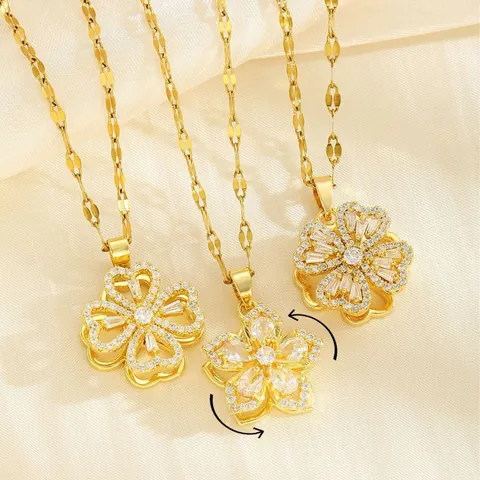 Collar con Colgante de Flor de Trébol de Zirconia Giratorio para Mujer Cadena de Acero Inoxidable Joyería de Suerte Giratoria de Descompresión