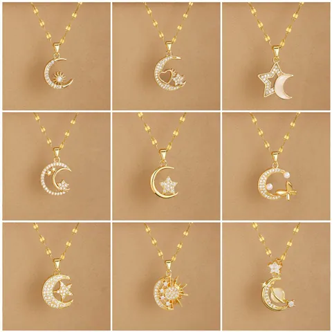 Collana Vintage in Acciaio Inossidabile con Pendente Stella Luna per Donna Placcata Oro Zirconia Fiocco Farfalla Gioielli Regalo