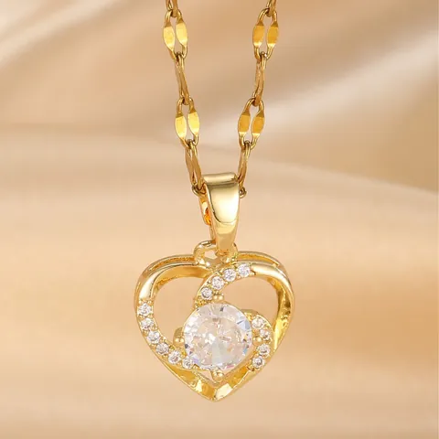 Zirconia Inlaid Heart Pendant Necklace Stainless Steel Chain Gold Plated Rotating Flower Bear Jewelry For Women Elegant Gift