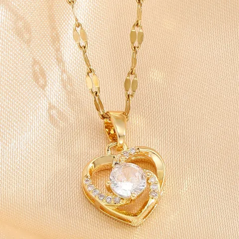 Zirconia Inlaid Heart Pendant Necklace Stainless Steel Chain Gold Plated Rotating Flower Bear Jewelry For Women Elegant Gift
