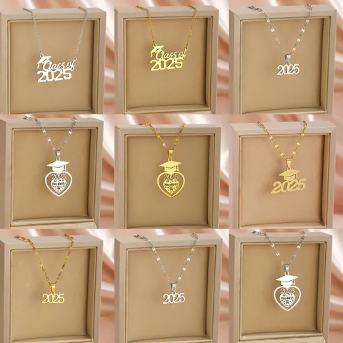 Stainless Steel 2025 Graduation Necklace Class Of 2025 Number Heart Pendant Graduation Cap Memorial Jewelry For Men Women Gift