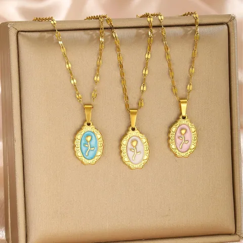 Vintage Edelstahl Rose Blume Anhänger Halskette Emaille Relief Floral Gold Kette Für Damen Frisch Süß Schmuck Geschenk