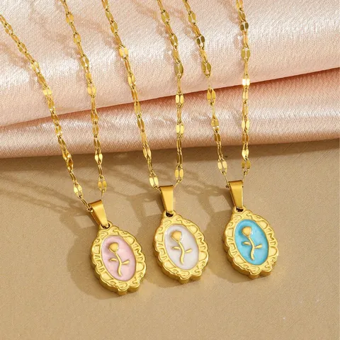 Vintage Edelstahl Rose Blume Anhänger Halskette Emaille Relief Floral Gold Kette Für Damen Frisch Süß Schmuck Geschenk