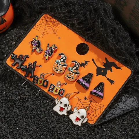 Halloween Ohrstecker Set Für Damen Legierung Hexe Kürbis Geist Schwarze Katze BOO Muster Festlicher Schmuck Mit Edelstahl Stift