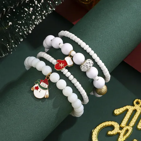 Bracelets en Perles de Noël avec Pendentif Émaillé Bonhomme de Neige et Gant Pour Femmes Enfants Fête Festive Perles en Résine Blanche Bijoux en Alliage Cadeau