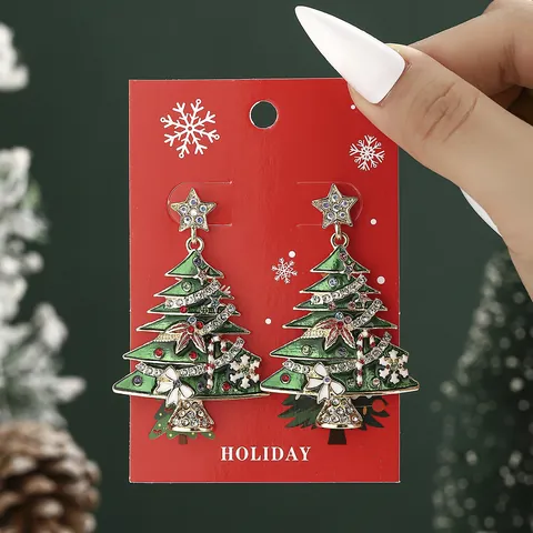 Pendientes Colgantes de Árbol de Navidad Esmalte Verde Strass Estrella Lazo con Poste de Acero Inoxidable Joyería de Fiesta para Mujer