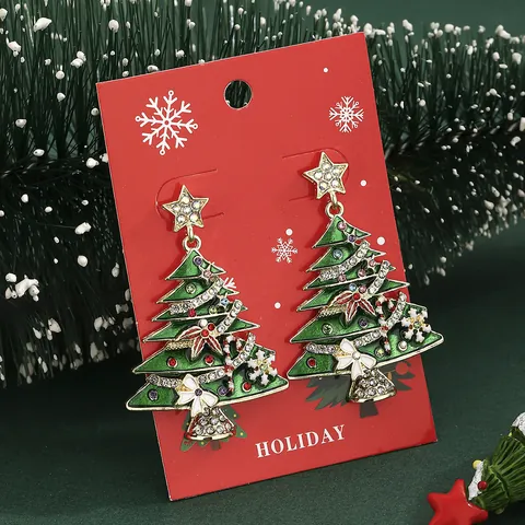 Pendientes Colgantes de Árbol de Navidad Esmalte Verde Strass Estrella Lazo con Poste de Acero Inoxidable Joyería de Fiesta para Mujer