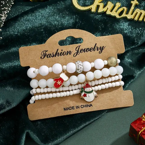 Bracelets en Perles de Noël avec Pendentif Émaillé Bonhomme de Neige et Gant Pour Femmes Enfants Fête Festive Perles en Résine Blanche Bijoux en Alliage Cadeau