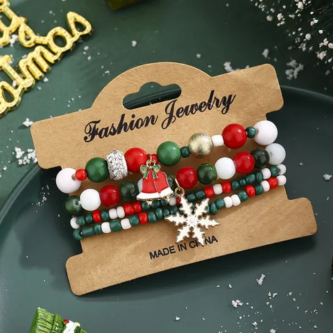 Christmas Beaded Bracelets For Women Red Green White Beads Santa Claus Snowflake Bell Pendant Festive Jewelry Decoration