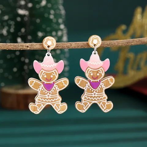 Lebkuchenmann Acryl Ohrringe Mit Rosa Cowboyhut Lila Schal Weihnachten Festliche Cartoon Damen Holiday Schmuck Ohrstecker-Stift