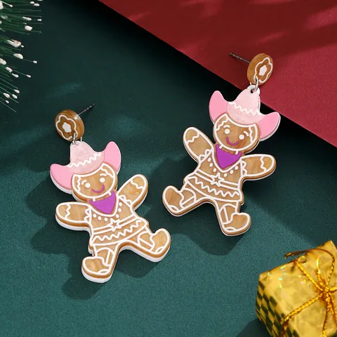 Lebkuchenmann Acryl Ohrringe Mit Rosa Cowboyhut Lila Schal Weihnachten Festliche Cartoon Damen Holiday Schmuck Ohrstecker-Stift