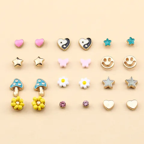 Cartoon Colorful Enamel Heart Star Earrings For Women Alloy Rhinestone Animal Sea Shell Earrings Jewelry With Stainless Steel Post