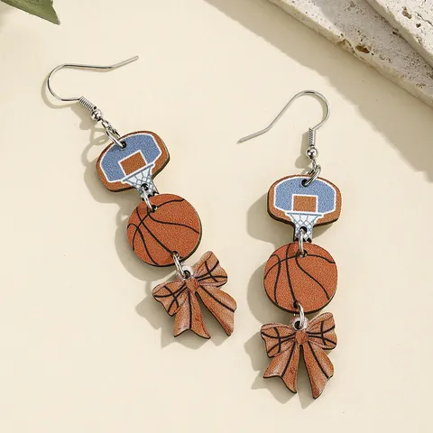 Sports Theme Wooden Drop Earrings Basketball Soccer American Football Baseball Bowknot Printed Niche Dangle Earrings For Women