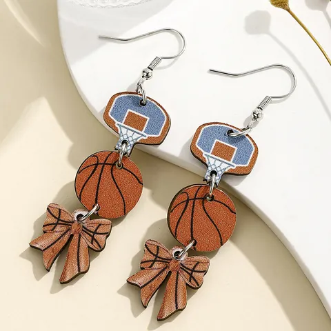 Sports Theme Wooden Drop Earrings Basketball Soccer American Football Baseball Bowknot Printed Niche Dangle Earrings For Women