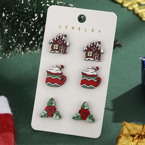 Christmas Wooden Stud Earrings Set With Stainless Steel Earring Post Gingerbread House Cocoa Cup Holly Berry Holiday Jewelry