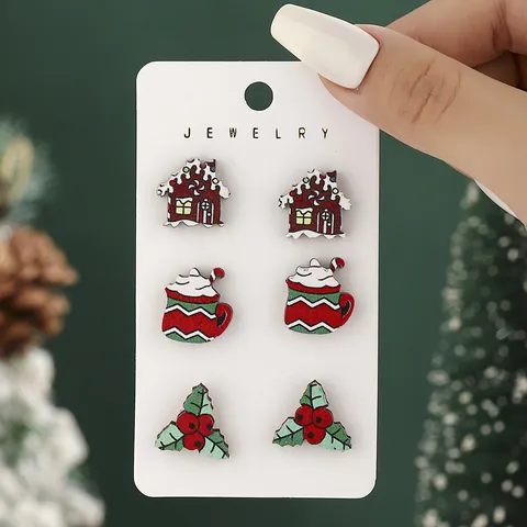 Christmas Wooden Stud Earrings Set With Stainless Steel Earring Post Gingerbread House Cocoa Cup Holly Berry Holiday Jewelry