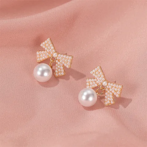 Elegant Alloy Artificial Pearl Bowknot Earrings With 925 Sterling Silver Earring Post Zirconia Tassel Rose Floral Drop Earrings For Women