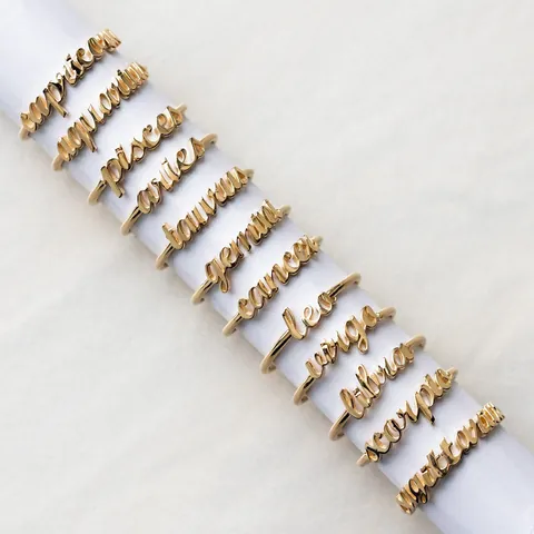 Minimalist Copper Zodiac Letter Open Ring Gold Plated Script Twelve Constellation Adjustable Finger Ring For Women Personalized Jewelry Gift