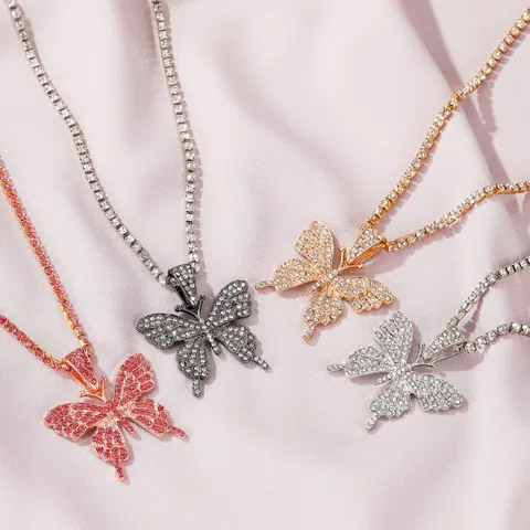 Butterfly Pendant Necklace Alloy Rhinestone Tennis Chain Hip Hop Bling Choker Jewelry For Women Party Dating Accessories Gift