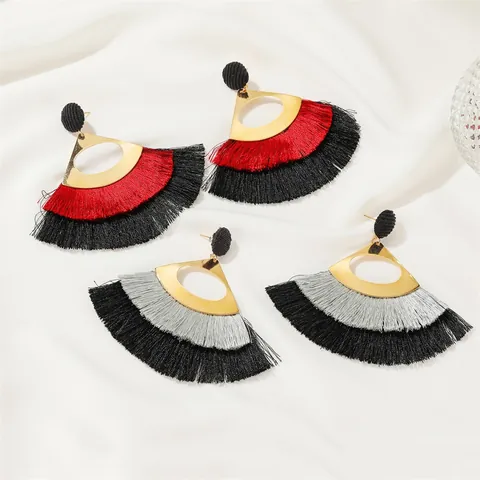 Bohemian Fan Shaped Hollow Alloy Tassel Earrings For Women Ethnic Vintage Multi Layer Tassel Drop Earrings Jewelry Gift
