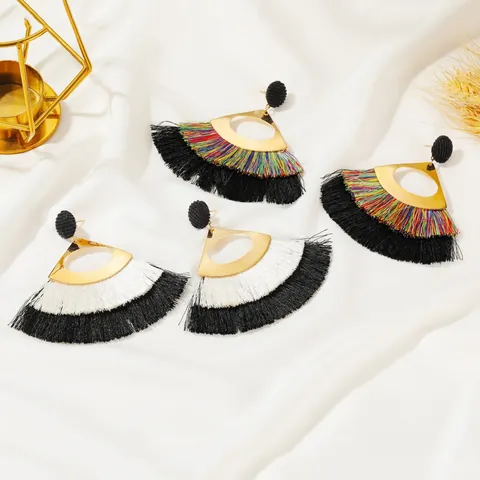 Bohemian Fan Shaped Hollow Alloy Tassel Earrings For Women Ethnic Vintage Multi Layer Tassel Drop Earrings Jewelry Gift